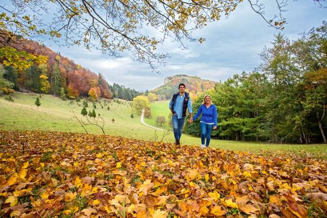 Ein Paar geht durch eine Herbstlandschaft mit bunten Bäumen und einem Weg im Hintergrund.