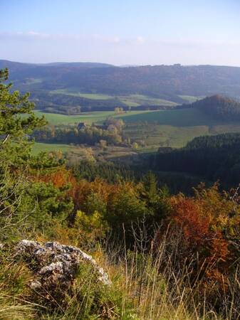 Ein weitläufiger Blick auf eine hügelige Landschaft mit grünen Feldern und herbstlichen Bäumen unter einem klaren Himmel.
