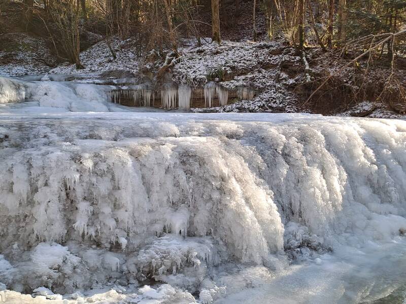 Ein gefrorener Wasserfall im Wald, umgeben von schneebedecktem Boden und Bäumen.